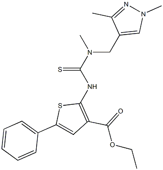 ethyl 2-(3-((1,3-dimethyl-1H-pyrazol-4-yl)methyl)-3-methylthioureido)-5-phenylthiophene-3-carboxylate Struktur