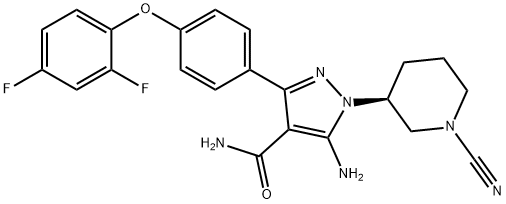 (R)-5-Amino-1-(1-cyanopiperidin-3-yl)-3-(4-[2,4-difluorophenoxy]phenyl)-1H-pyrazole-4-carboxamide Struktur