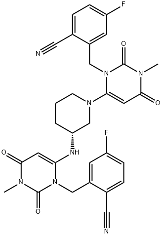 (R)-2-((6-(3-((3-(2-cyano-5-fluorobenzyl)-1-methyl-2,6-dioxo-1,2,3,6-tetrahydropyrimidin-4-yl)amino)piperidin-1-yl)-3-methyl-2,4-dioxo-3,4-dihydropyrimidin-1(2H)-yl)methyl)-4-fluorobenzonitrile Struktur