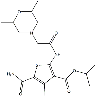 isopropyl 5-carbamoyl-2-(2-(2,6-dimethylmorpholino)acetamido)-4-methylthiophene-3-carboxylate Struktur