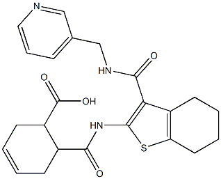 6-((3-((pyridin-3-ylmethyl)carbamoyl)-4,5,6,7-tetrahydrobenzo[b]thiophen-2-yl)carbamoyl)cyclohex-3-enecarboxylic acid Struktur