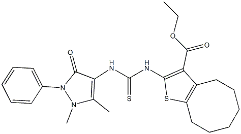 ethyl 2-(3-(1,5-dimethyl-3-oxo-2-phenyl-2,3-dihydro-1H-pyrazol-4-yl)thioureido)-4,5,6,7,8,9-hexahydrocycloocta[b]thiophene-3-carboxylate Struktur