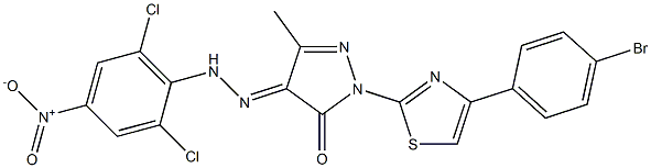 2-[4-(4-bromophenyl)-1,3-thiazol-2-yl]-4-[(2,6-dichloro-4-nitrophenyl)hydrazono]-5-methyl-2,4-dihydro-3H-pyrazol-3-one Struktur