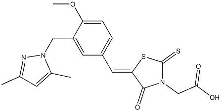 (Z)-2-(5-(3-((3,5-dimethyl-1H-pyrazol-1-yl)methyl)-4-methoxybenzylidene)-4-oxo-2-thioxothiazolidin-3-yl)acetic acid Struktur