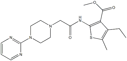 methyl 4-ethyl-5-methyl-2-(2-(4-(pyrimidin-2-yl)piperazin-1-yl)acetamido)thiophene-3-carboxylate Struktur