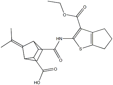 3-((3-(ethoxycarbonyl)-5,6-dihydro-4H-cyclopenta[b]thiophen-2-yl)carbamoyl)-7-(propan-2-ylidene)bicyclo[2.2.1]heptane-2-carboxylic acid Struktur