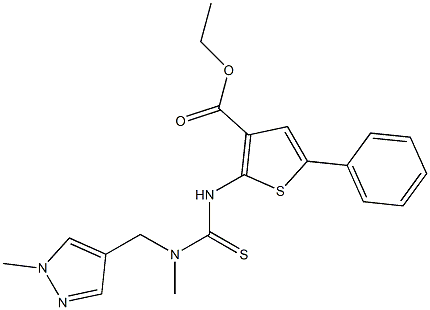 ethyl 2-(3-methyl-3-((1-methyl-1H-pyrazol-4-yl)methyl)thioureido)-5-phenylthiophene-3-carboxylate Struktur