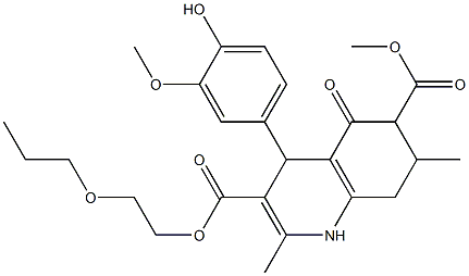 6-methyl 3-(2-propoxyethyl) 4-(4-hydroxy-3-methoxyphenyl)-2,7-dimethyl-5-oxo-1,4,5,6,7,8-hexahydroquinoline-3,6-dicarboxylate Struktur