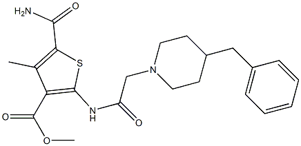 methyl 2-(2-(4-benzylpiperidin-1-yl)acetamido)-5-carbamoyl-4-methylthiophene-3-carboxylate Struktur