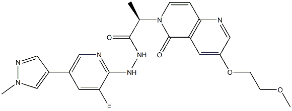 (R)-N'-(3-fluoro-5-(1-methyl-1H-pyrazol-4-yl)pyridin-2-yl)-2-(3-(2-methoxyethoxy)-5-oxo-1,6-naphthyridin-6(5H)-yl)propanehydrazide Struktur