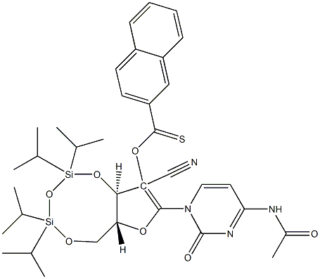 O-(6aR,8R,9aR)-8-(4-acetamido-2-oxopyrimidin-1(2H)-yl)-9-cyano-2,2,4,4-tetraisopropyltetrahydro-6H-furo[3,2-f][1,3,5,2,4]trioxadisilocin-9-yl naphthalene-2-carbothioate Struktur