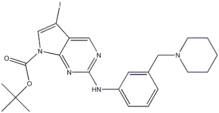 tert-butyl 5-iodo-2-(3-(piperidin-1-ylmethyl)phenylamino)-7H-pyrrolo[2,3-d]pyrimidine-7-carboxylate Struktur