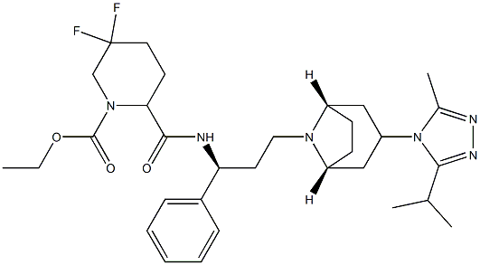 ethyl 5,5-difluoro-2-((S)-3-((1S,3R,5R)-3-(3-isopropyl-5-methyl-4H-1,2,4-triazol-4-yl)-8-aza-bicyclo[3.2.1]octan-8-yl)-1-phenylpropylcarbamoyl)piperidine-1-carboxylate Struktur