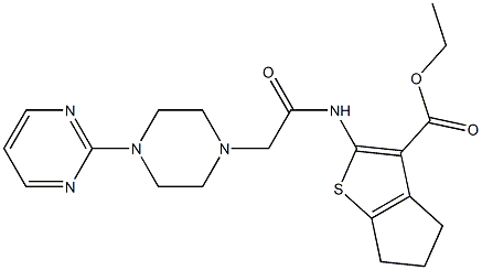 ethyl 2-(2-(4-(pyrimidin-2-yl)piperazin-1-yl)acetamido)-5,6-dihydro-4H-cyclopenta[b]thiophene-3-carboxylate Struktur