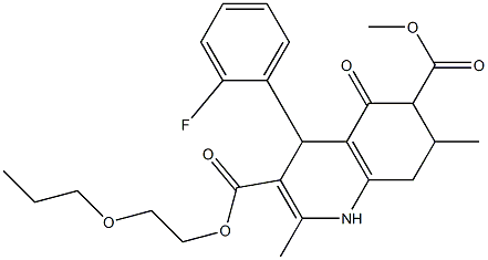 6-methyl 3-(2-propoxyethyl) 4-(2-fluorophenyl)-2,7-dimethyl-5-oxo-1,4,5,6,7,8-hexahydroquinoline-3,6-dicarboxylate Struktur