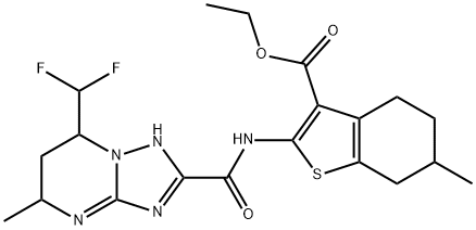 ethyl 2-({[7-(difluoromethyl)-5-methyl-4,5,6,7-tetrahydro[1,2,4]triazolo[1,5-a]pyrimidin-2-yl]carbonyl}amino)-6-methyl-4,5,6,7-tetrahydro-1-benzothiophene-3-carboxylate Struktur