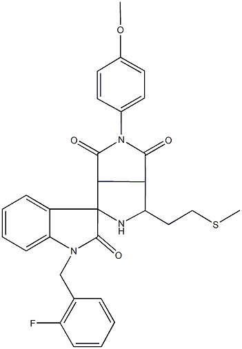 1'-(2-fluorobenzyl)-2-(4-methoxyphenyl)-4-[2-(methylsulfanyl)ethyl]-1',3',3a,4,6,6a-hexahydrospiro(pyrrolo[3,4-c]pyrrole-6,3'-[2'H]-indole)-1,2',3(2H,3aH)-trione Struktur