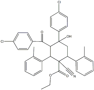 ethyl 3-(4-chlorobenzoyl)-4-(4-chlorophenyl)-1-cyano-4-hydroxy-2,6-bis(2-methylphenyl)cyclohexanecarboxylate Struktur