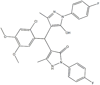 4-{(2-chloro-4,5-dimethoxyphenyl)[1-(4-fluorophenyl)-5-hydroxy-3-methyl-1H-pyrazol-4-yl]methyl}-2-(4-fluorophenyl)-5-methyl-1,2-dihydro-3H-pyrazol-3-one Struktur