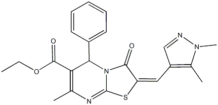 ethyl 2-[(1,5-dimethyl-1H-pyrazol-4-yl)methylene]-7-methyl-3-oxo-5-phenyl-2,3-dihydro-5H-[1,3]thiazolo[3,2-a]pyrimidine-6-carboxylate Struktur