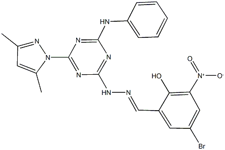 5-bromo-2-hydroxy-3-nitrobenzaldehyde [4-anilino-6-(3,5-dimethyl-1H-pyrazol-1-yl)-1,3,5-triazin-2-yl]hydrazone Struktur