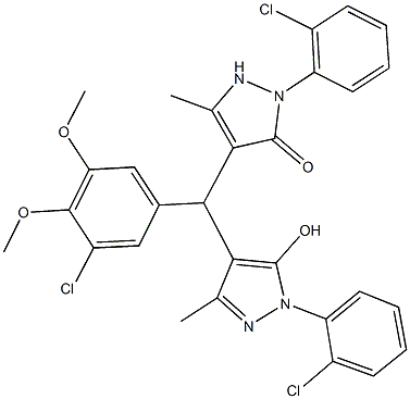 4-{(3-chloro-4,5-dimethoxyphenyl)[1-(2-chlorophenyl)-5-hydroxy-3-methyl-1H-pyrazol-4-yl]methyl}-2-(2-chlorophenyl)-5-methyl-1,2-dihydro-3H-pyrazol-3-one Struktur