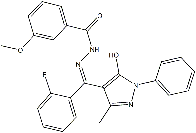 N'-[(2-fluorophenyl)(5-hydroxy-3-methyl-1-phenyl-1H-pyrazol-4-yl)methylene]-3-methoxybenzohydrazide Struktur