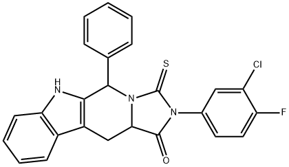 2-(3-chloro-4-fluorophenyl)-5-phenyl-3-thioxo-2,3,5,6,11,11a-hexahydro-1H-imidazo[5',1':6,1]pyrido[3,4-b]indol-1-one Struktur