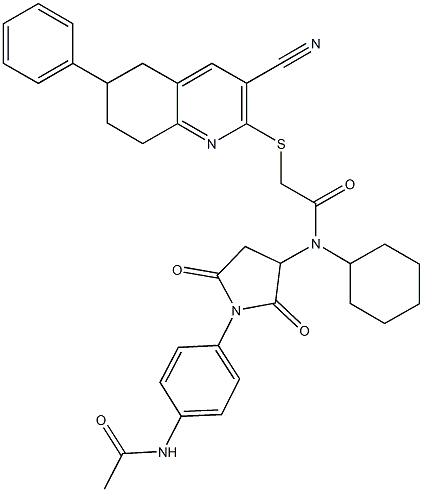 N-{1-[4-(acetylamino)phenyl]-2,5-dioxo-3-pyrrolidinyl}-2-[(3-cyano-6-phenyl-5,6,7,8-tetrahydro-2-quinolinyl)sulfanyl]-N-cyclohexylacetamide Struktur