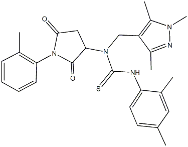 N'-(2,4-dimethylphenyl)-N-[1-(2-methylphenyl)-2,5-dioxo-3-pyrrolidinyl]-N-[(1,3,5-trimethyl-1H-pyrazol-4-yl)methyl]thiourea Struktur