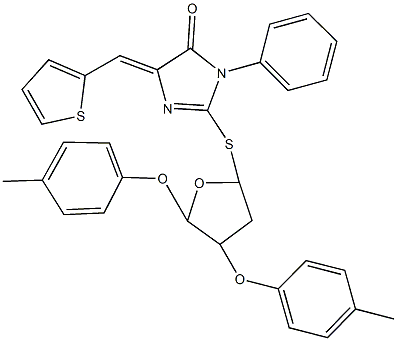 2-{[4,5-bis(4-methylphenoxy)tetrahydro-2-furanyl]sulfanyl}-3-phenyl-5-(2-thienylmethylene)-3,5-dihydro-4H-imidazol-4-one Struktur