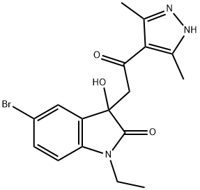 5-bromo-3-[2-(3,5-dimethyl-1H-pyrazol-4-yl)-2-oxoethyl]-1-ethyl-3-hydroxy-1,3-dihydro-2H-indol-2-one Struktur