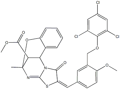 methyl (13E)-13-{4-methoxy-3-[(2,4,6-trichlorophenoxy)methyl]benzylidene}-9-methyl-14-oxo-8-oxa-12-thia-10,15-diazatetracyclo[7.6.1.0~2,7~.0~11,15~]hexadeca-2,4,6,10-tetraene-16-carboxylate Struktur