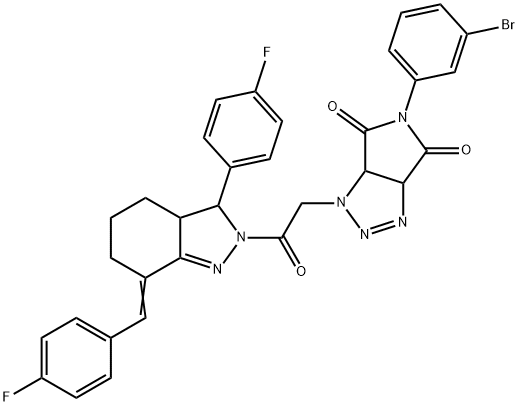 5-(3-bromophenyl)-1-{2-[7-(4-fluorobenzylidene)-3-(4-fluorophenyl)-3,3a,4,5,6,7-hexahydro-2H-indazol-2-yl]-2-oxoethyl}-3a,6a-dihydropyrrolo[3,4-d][1,2,3]triazole-4,6(1H,5H)-dione Struktur