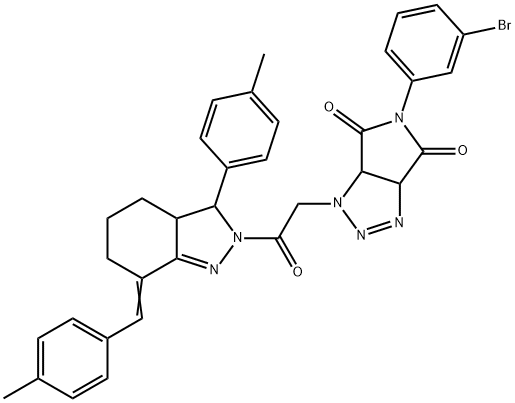 5-(3-bromophenyl)-1-{2-[7-(4-methylbenzylidene)-3-(4-methylphenyl)-3,3a,4,5,6,7-hexahydro-2H-indazol-2-yl]-2-oxoethyl}-3a,6a-dihydropyrrolo[3,4-d][1,2,3]triazole-4,6(1H,5H)-dione Struktur