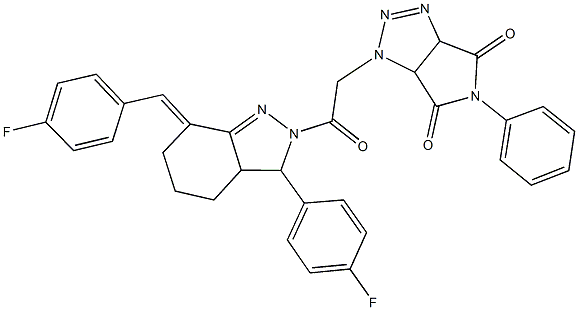 1-{2-[7-(4-fluorobenzylidene)-3-(4-fluorophenyl)-3,3a,4,5,6,7-hexahydro-2H-indazol-2-yl]-2-oxoethyl}-5-phenyl-3a,6a-dihydropyrrolo[3,4-d][1,2,3]triazole-4,6(1H,5H)-dione Struktur