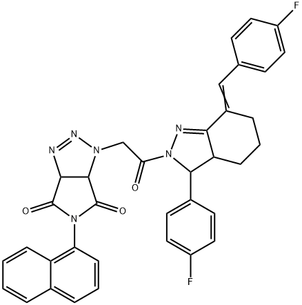 1-{2-[7-(4-fluorobenzylidene)-3-(4-fluorophenyl)-3,3a,4,5,6,7-hexahydro-2H-indazol-2-yl]-2-oxoethyl}-5-(1-naphthyl)-3a,6a-dihydropyrrolo[3,4-d][1,2,3]triazole-4,6(1H,5H)-dione Struktur