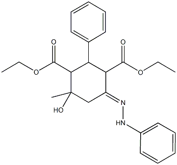 diethyl 4-hydroxy-4-methyl-2-phenyl-6-(phenylhydrazono)-1,3-cyclohexanedicarboxylate Struktur