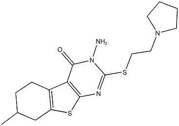 3-amino-7-methyl-2-{[2-(1-pyrrolidinyl)ethyl]sulfanyl}-5,6,7,8-tetrahydro[1]benzothieno[2,3-d]pyrimidin-4(3H)-one Struktur