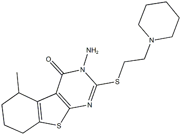 3-amino-5-methyl-2-{[2-(1-piperidinyl)ethyl]sulfanyl}-5,6,7,8-tetrahydro[1]benzothieno[2,3-d]pyrimidin-4(3H)-one Struktur