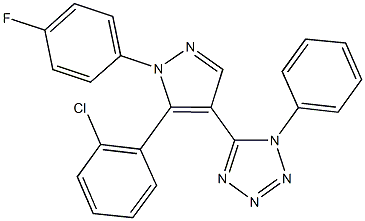 5-[5-(2-chlorophenyl)-1-(4-fluorophenyl)-1H-pyrazol-4-yl]-1-phenyl-1H-tetraazole Struktur