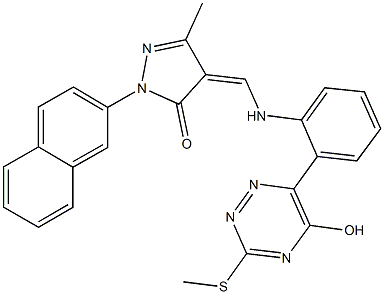 4-({2-[5-hydroxy-3-(methylsulfanyl)-1,2,4-triazin-6-yl]anilino}methylene)-5-methyl-2-(2-naphthyl)-2,4-dihydro-3H-pyrazol-3-one Struktur