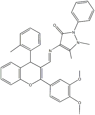 4-({[2-(3,4-dimethoxyphenyl)-4-(2-methylphenyl)-4H-chromen-3-yl]methylene}amino)-1,5-dimethyl-2-phenyl-1,2-dihydro-3H-pyrazol-3-one Struktur