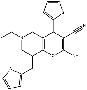 2-amino-6-ethyl-4-(2-thienyl)-8-(2-thienylmethylene)-5,6,7,8-tetrahydro-4H-pyrano[3,2-c]pyridine-3-carbonitrile Struktur