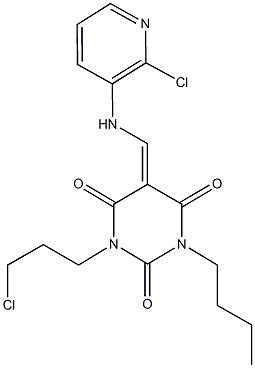 1-butyl-3-(3-chloropropyl)-5-{[(2-chloro-3-pyridinyl)amino]methylene}-2,4,6(1H,3H,5H)-pyrimidinetrione Struktur