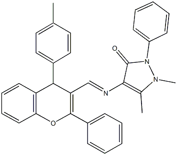 1,5-dimethyl-4-({[4-(4-methylphenyl)-2-phenyl-4H-chromen-3-yl]methylene}amino)-2-phenyl-1,2-dihydro-3H-pyrazol-3-one Struktur