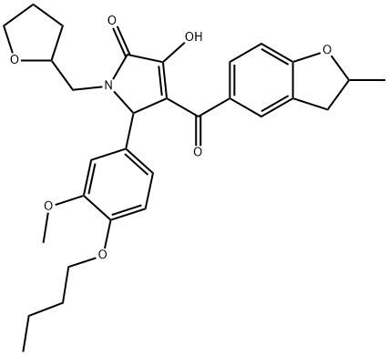 5-(4-butoxy-3-methoxyphenyl)-3-hydroxy-4-[(2-methyl-2,3-dihydro-1-benzofuran-5-yl)carbonyl]-1-(tetrahydro-2-furanylmethyl)-1,5-dihydro-2H-pyrrol-2-one Struktur