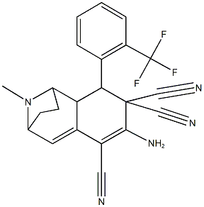 5-amino-12-methyl-3-[2-(trifluoromethyl)phenyl]-12-azatricyclo[7.2.1.0~2,7~]dodeca-5,7-diene-4,4,6-tricarbonitrile Struktur