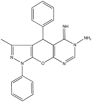 5-imino-3-methyl-1,4-diphenyl-1,4-dihydropyrazolo[4',3':5,6]pyrano[2,3-d]pyrimidin-6(5H)-ylamine Struktur