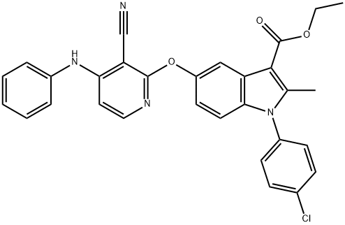 ethyl 5-[(4-anilino-3-cyanopyridin-2-yl)oxy]-1-(4-chlorophenyl)-2-methyl-1H-indole-3-carboxylate Struktur